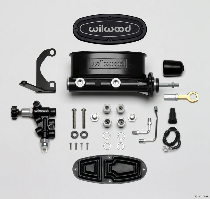Wilwood HV Tandem M/C Kit w L/H Bracket & Prop Valve - 7/8in Bore Black-W/Push. - Early Mustang Brake Master Cylinder Wilwood