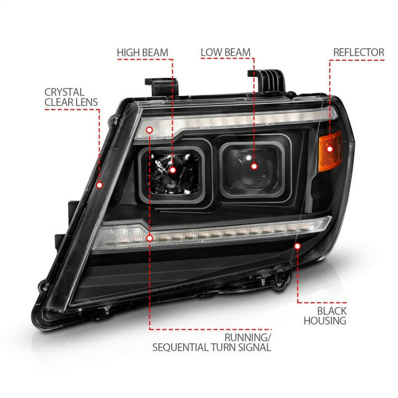 ANZO 09-20 Nissan Frontier Black Projector Plank Style DRL w/ Switchback & Sequential LED DRL Headlights ANZO