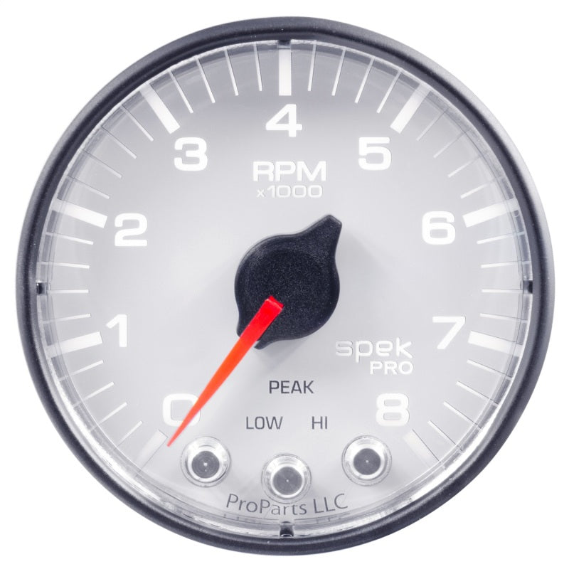 Autometer Spek-Pro Gauge Tach 2 1/16in 8K Rpm W/ Shift Light & Peak Mem Wht/Blk Gauges AutoMeter