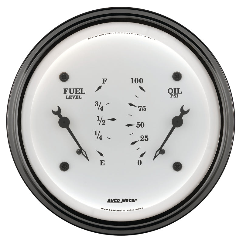 AutoMeter Gauge Dual Fuel & Oilp 3-3/8in. 240 Ohm(e) to 33 Ohm(f) & 100PSI Elec Old Tyme Wht Gauges AutoMeter