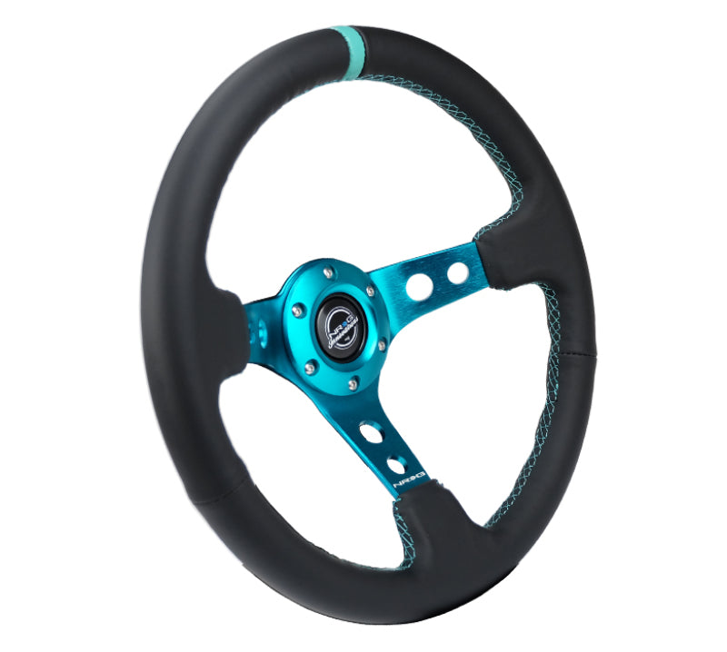 NRG Reinforce Steering Wheel (350mm / 3in. Deep) Blk Leather, Teal Center Mark w/ Teal Stitching Steering Wheels NRG