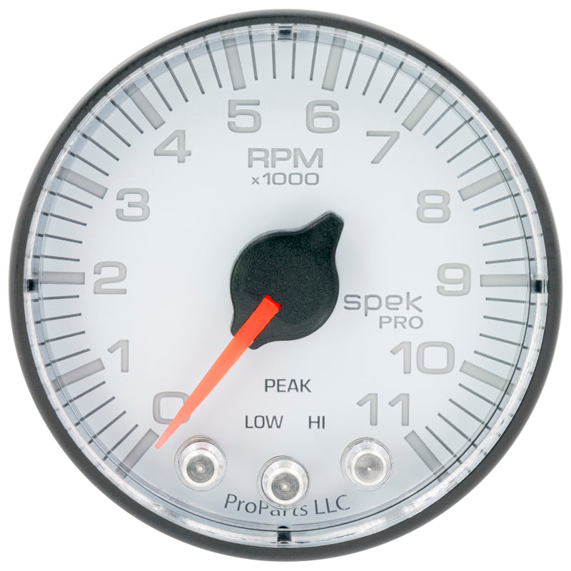 Autometer Spek-Pro Gauge Tach 2 1/16in 11K Rpm W/ Shift Light & Peak Mem Wht/Blk Gauges AutoMeter