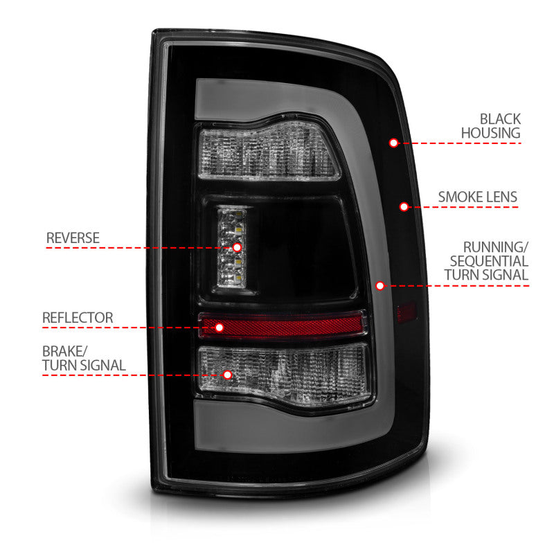 ANZO 09-18 Dodge Ram 1500 Sequential LED Taillights Smoke Black Tail Lights ANZO