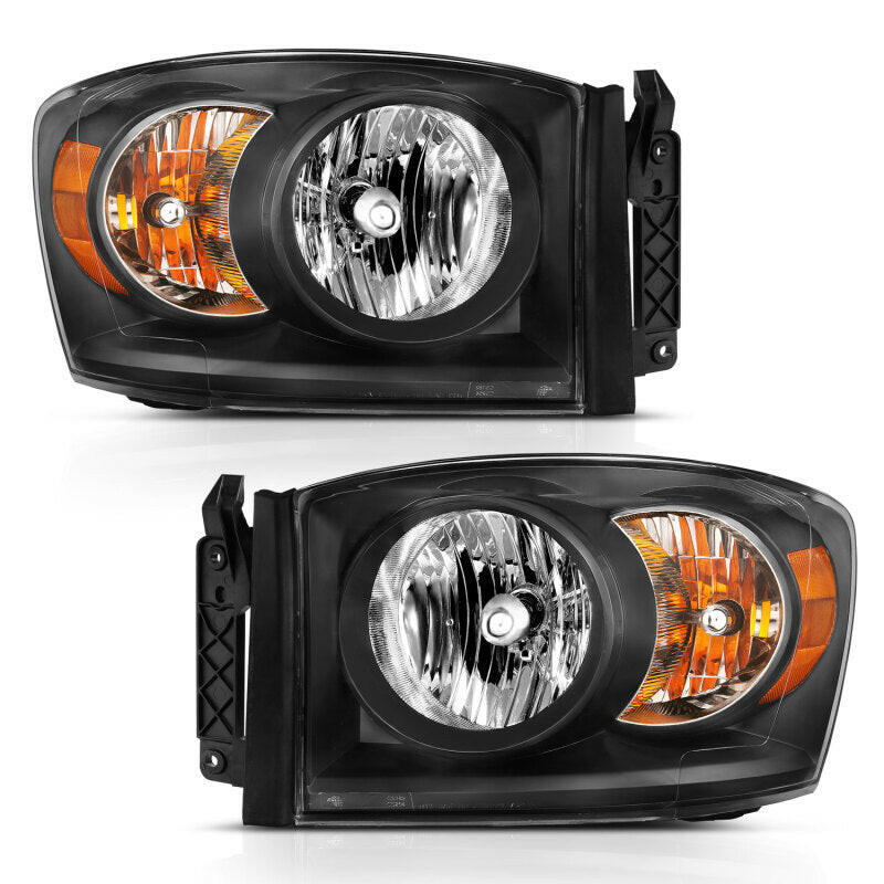 ANZO 2006-2009 Dodge Ram 1500 Crystal Headlight Black Amber Headlights ANZO