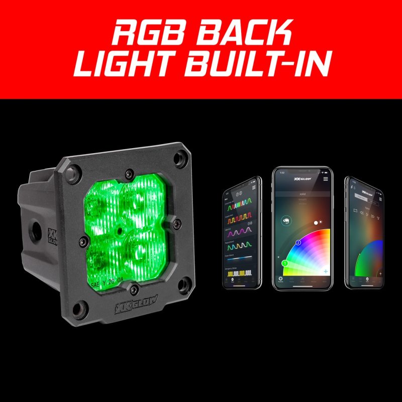 XK Glow Flush Mount XKchrome 20w LED Cube Light w/ RGB Accent Light Kit w/ Cntrlr- Driving Beam 2pc Light Accessories and Wiring XKGLOW