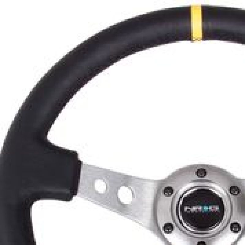 NRG Reinforced Steering Wheel (350mm / 3in. Deep) Blk Leather w/Gunmetal Cutout Spoke & Yellow CM Steering Wheels NRG