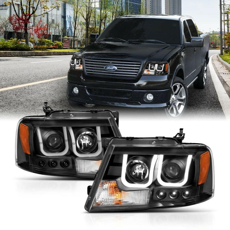 ANZO 2004-2008 Ford F-150 Projector Headlights w/ U-Bar Black Headlights ANZO