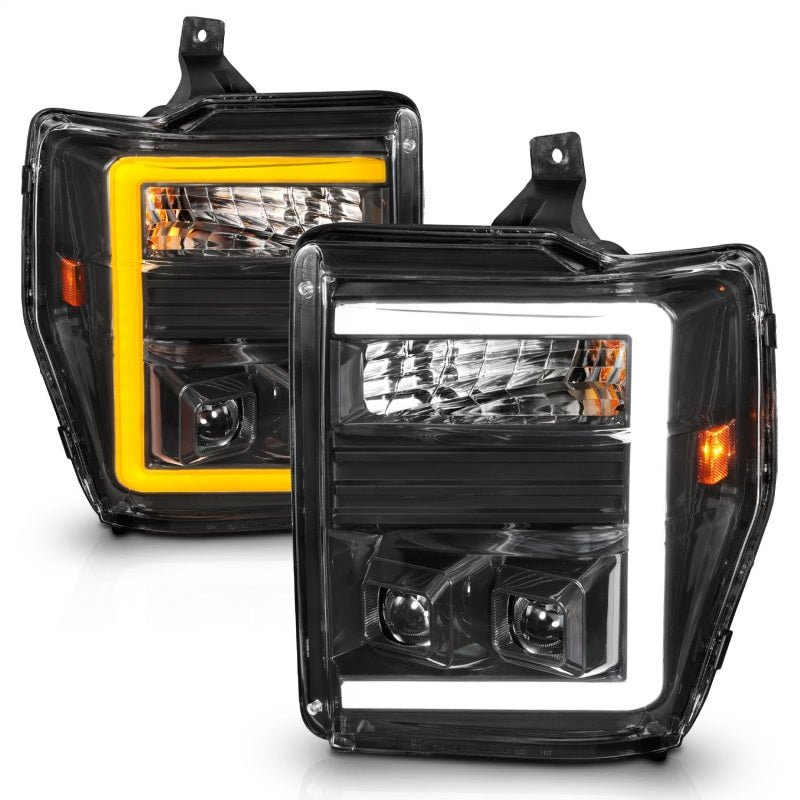 ANZO 08-10 Ford F-250 - F-550 Super Duty Projector Headlights w/ Light Bar Switchback Black Housing Headlights ANZO