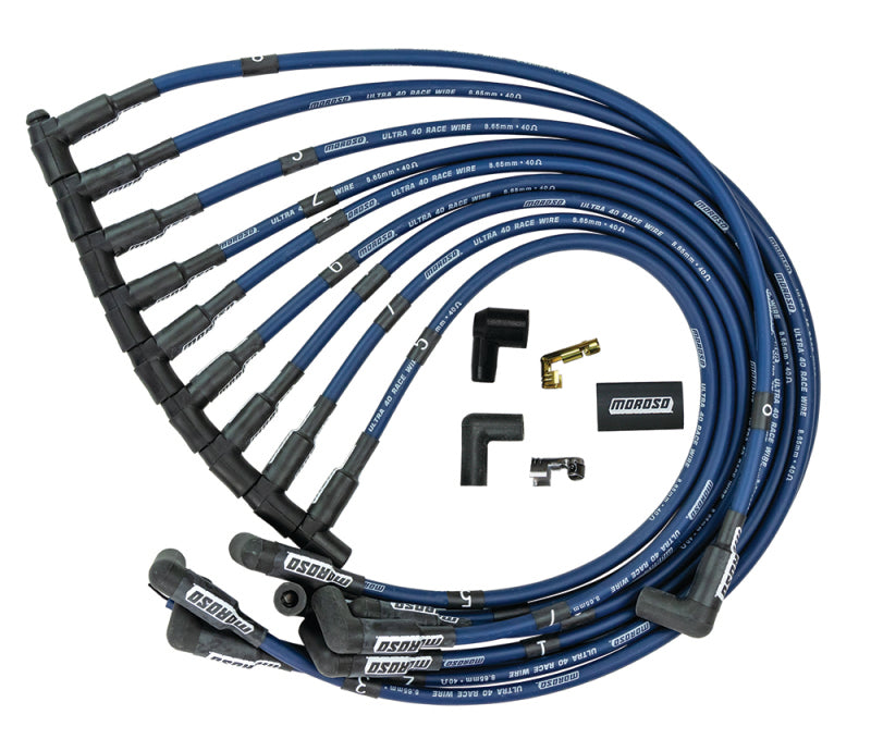 Moroso Chevrolet Small Block Ignition Wire Set - Ultra 40 - Unsleeved - HEI - Over Valve - Blue Spark Plug Wire Sets Moroso