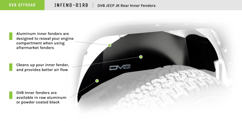 DV8 Offroad 07-18 Jeep Wrangler JK Rear Aluminum Inner Fender - Black Wheel Well Liners DV8 Offroad