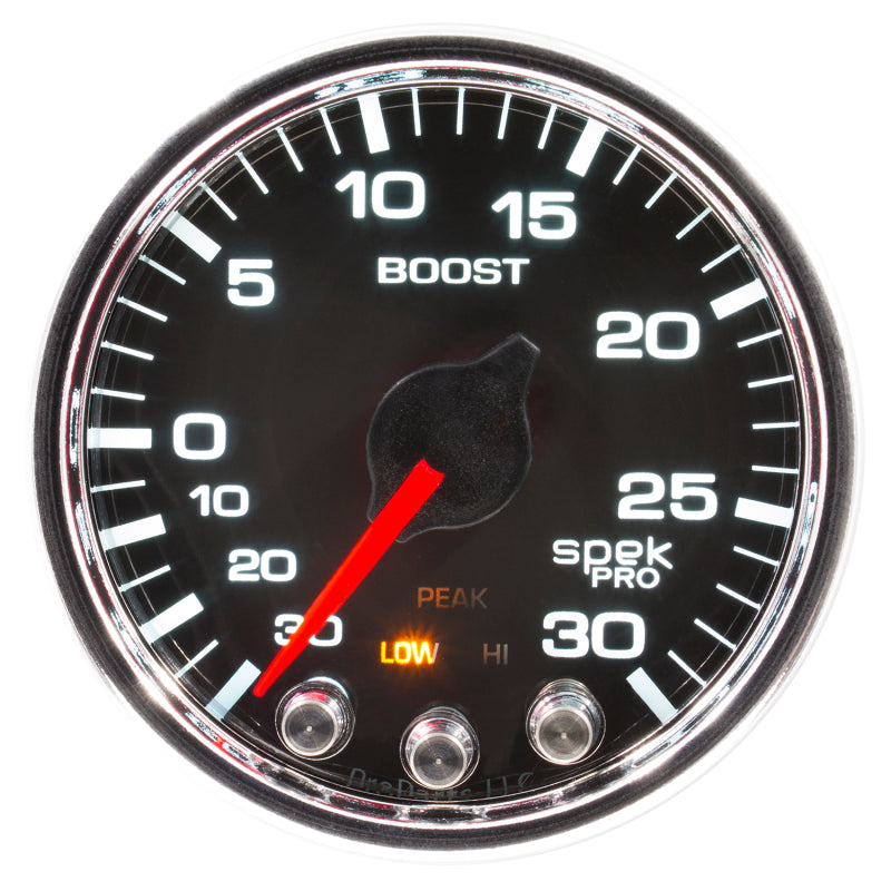 Autometer Spek-Pro Gauge Vac/Boost 2 1/16in 30Inhg-30psi Stepper Motor W/Peak & Warn Black/Chrome Gauges AutoMeter