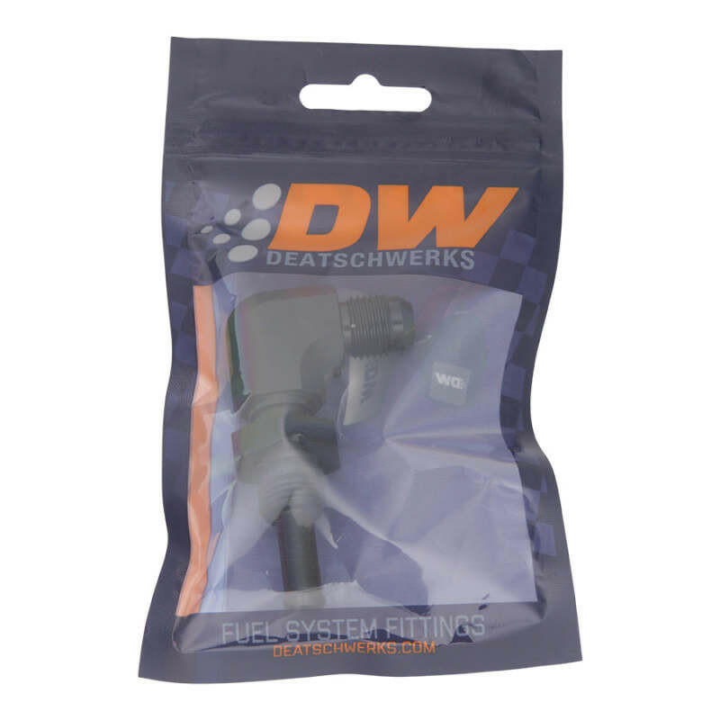 DeatschWerks 6AN Male Flare to 5/16in Male Barb Bulkhead Adapter 90-Degree - Anodized Matte Black Fittings DeatschWerks