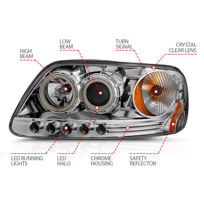 ANZO 1997.5-2003 Ford F-150 Projector Headlights w/ Halo Chrome 1pc Headlights ANZO