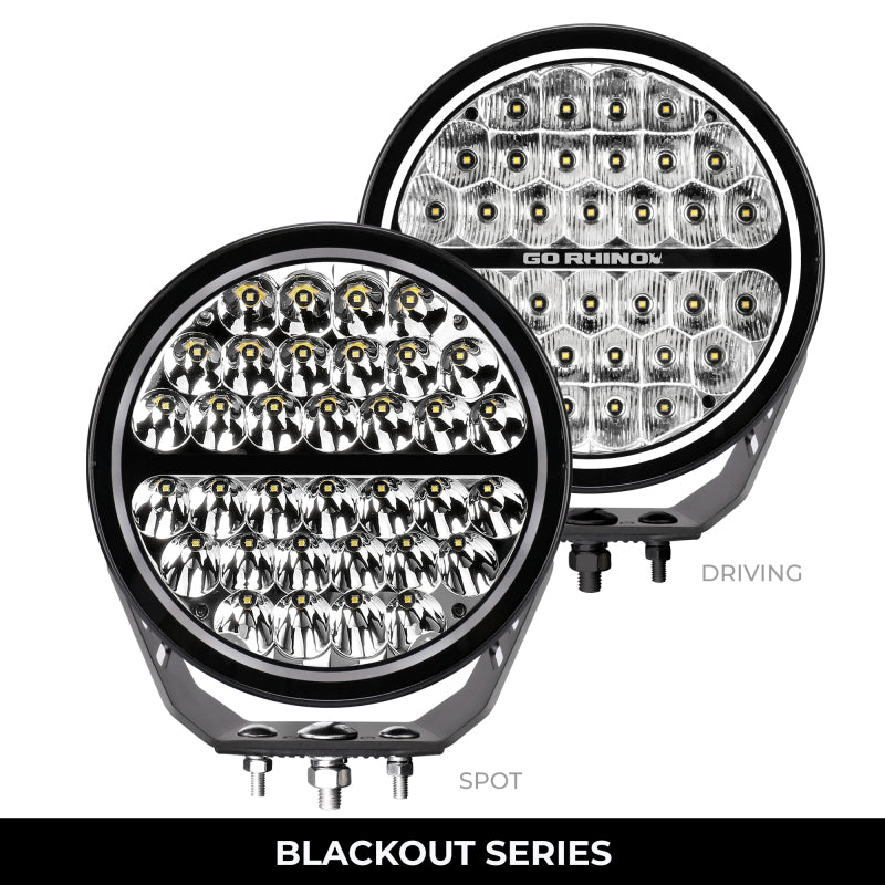Go Rhino Xplor Blackout Series Round LED Sgl Driving Kit w/DRL (Surface/Thread Stud Mnt) 9in. - Blk Light Bars & Cubes Go Rhino
