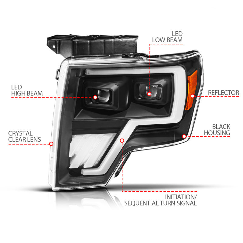 ANZO 09-14 Ford F-150 (Factory Halogen Model ONLY) Full LED Proj Headlights Init/SeqSig Black - Pair Headlights ANZO