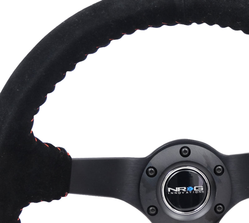 NRG Reinforced Steering Wheel (350mm / 3in. Deep) Blk Suede/Red BBall Stitch w/5mm Matte Blk Spokes Steering Wheels NRG