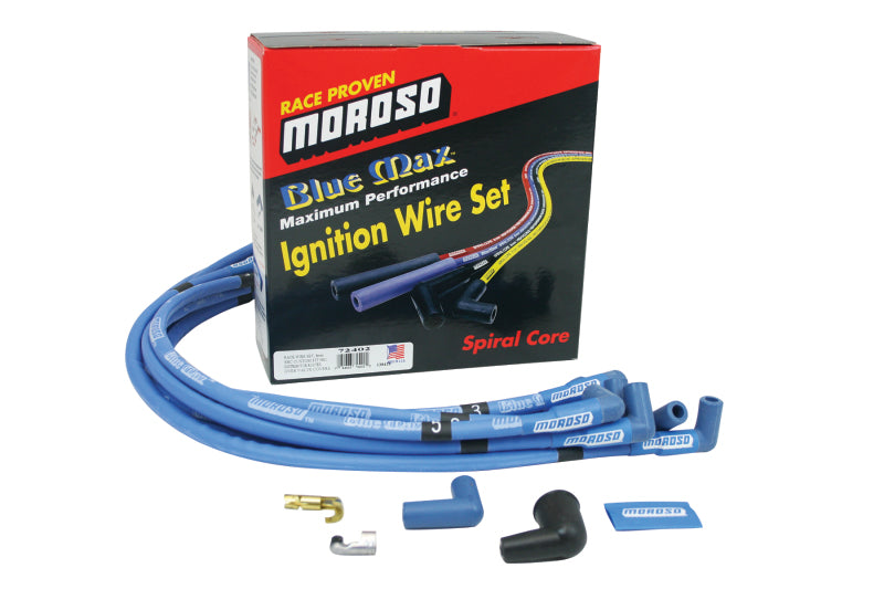 Moroso Chevrolet Small Block Ignition Wire Set - Blue Max - Spiral Core - Sleeved - HEI - 90 Degree Spark Plug Wire Sets Moroso