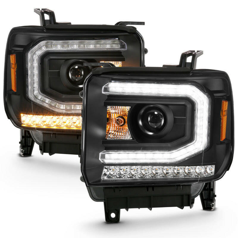 ANZO 2016-2019 GMC Sierra 1500 Projector Headlight Plank Style Black w/ Sequential Amber Signal Headlights ANZO
