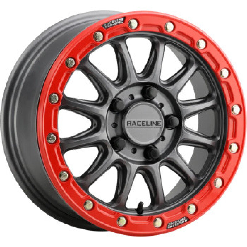 Raceline A14GR Alpha 15x7in/4x137 BP/10mm Offset/110.18mm Bore - Gunmetal & Red Ring Beadlock Wheel Wheels - Cast Raceline