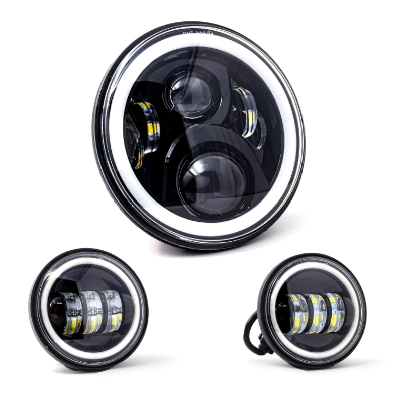 Letric Lighting 7in Full-Halo Black LED Headlight with (2) 4.5in Full-Halo Black Passing Lamps Headlights Letric Lighting