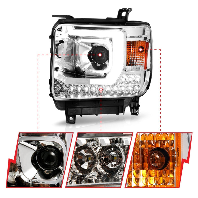 ANZO 14-15 GMC Sierra 1500/2500HD/3500HD Plank Style Projector Headlight - Chrome Housing Headlights ANZO