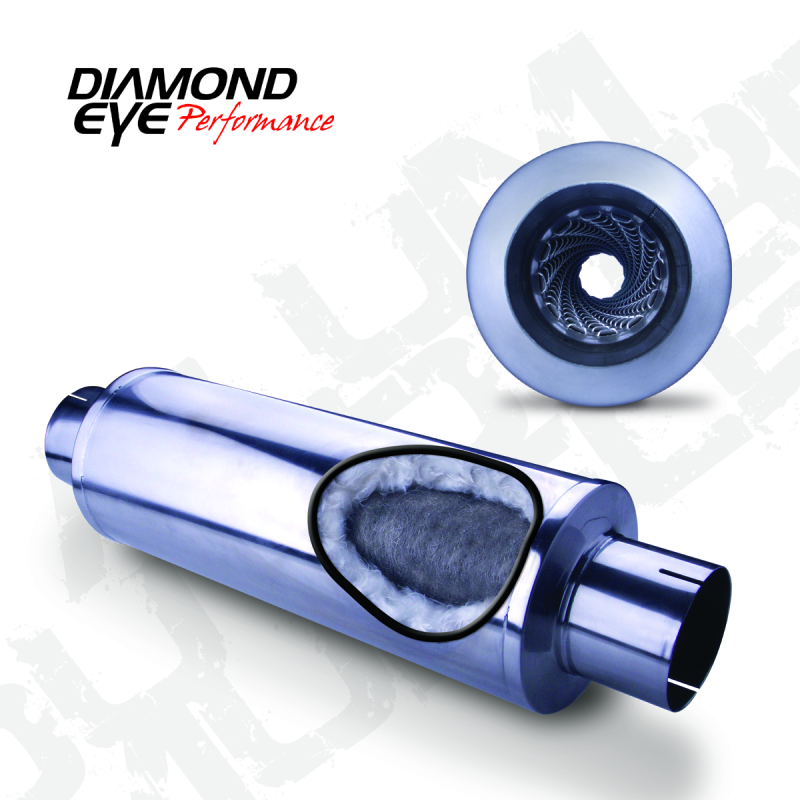 Diamond Eye MFLR 4inID SGL IN/SGL OUT 7inDIA X 24in BODY 30in LENGTH LOUVERED SLOTTED ENDS 409 SS Muffler Diamond Eye Performance