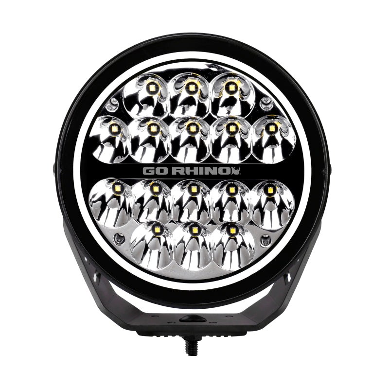 Go Rhino Xplor Blackout Series Round LED Spot Light Beam w/DRL (Surface/Thread Stud Mnt) 7in. - Blk Light Bars & Cubes Go Rhino