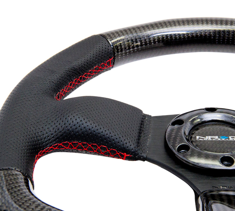 NRG Carbon Fiber Steering Wheel (320mm) Flat Bottom & Leather Trim w/Red Stitching Steering Wheels NRG