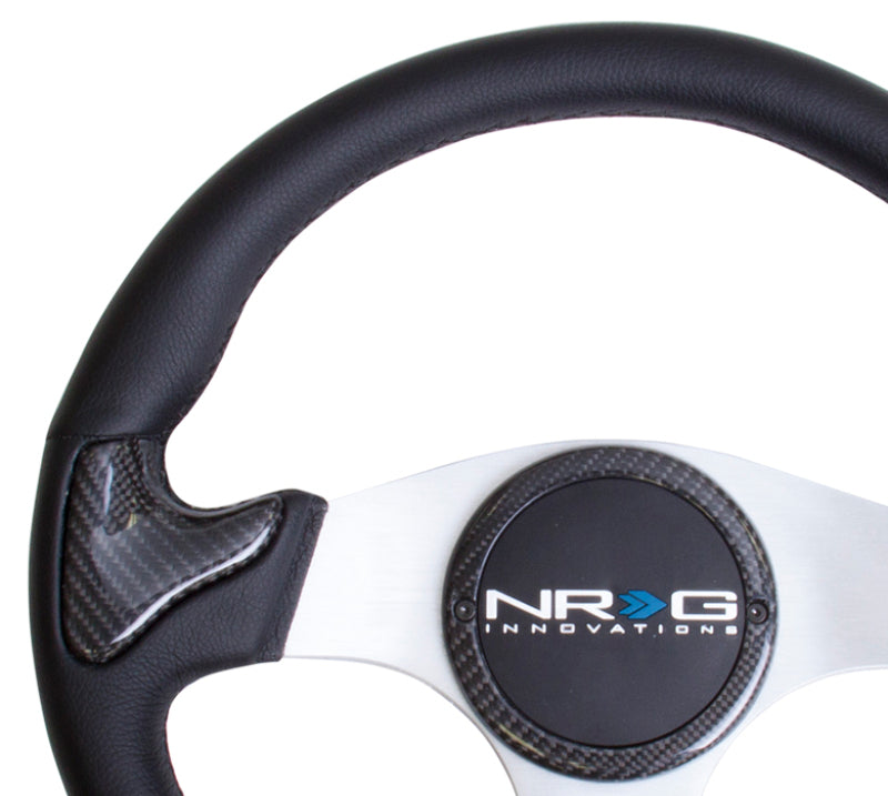 NRG Carbon Fiber Steering Wheel (350mm) Silver Frame Blk Stitching w/Rubber Cover Horn Button Steering Wheels NRG