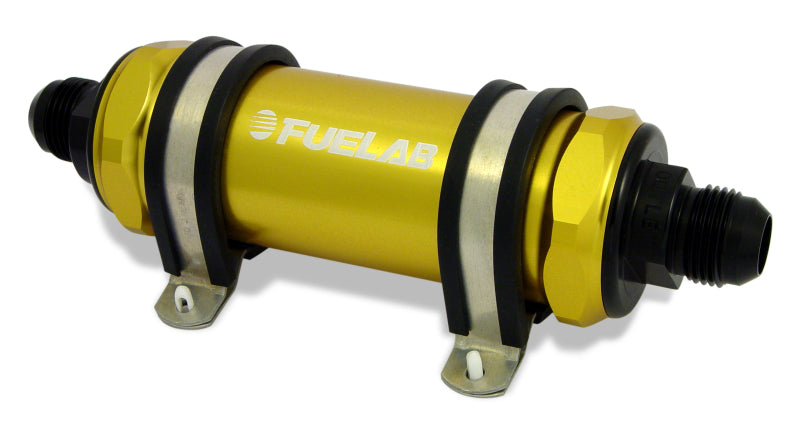 Fuelab 828 In-Line Fuel Filter Long -6AN In/Out 40 Micron Stainless - Gold Fuel Filters Fuelab