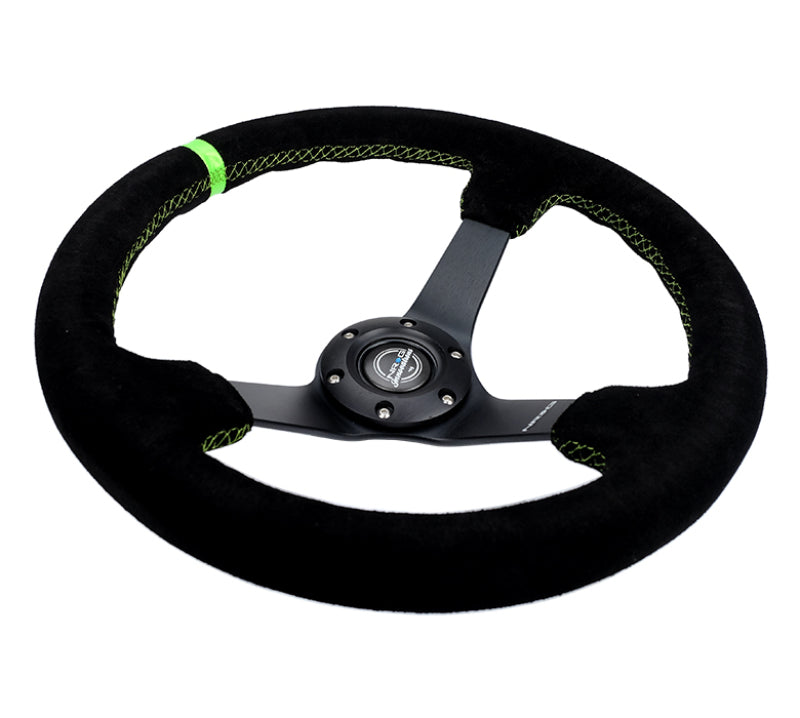 NRG Reinforced Steering Wheel 350mm/3in. Deep Blk Suede/ Neon Green Stitch w/5mm Matte Black Spoke Steering Wheels NRG