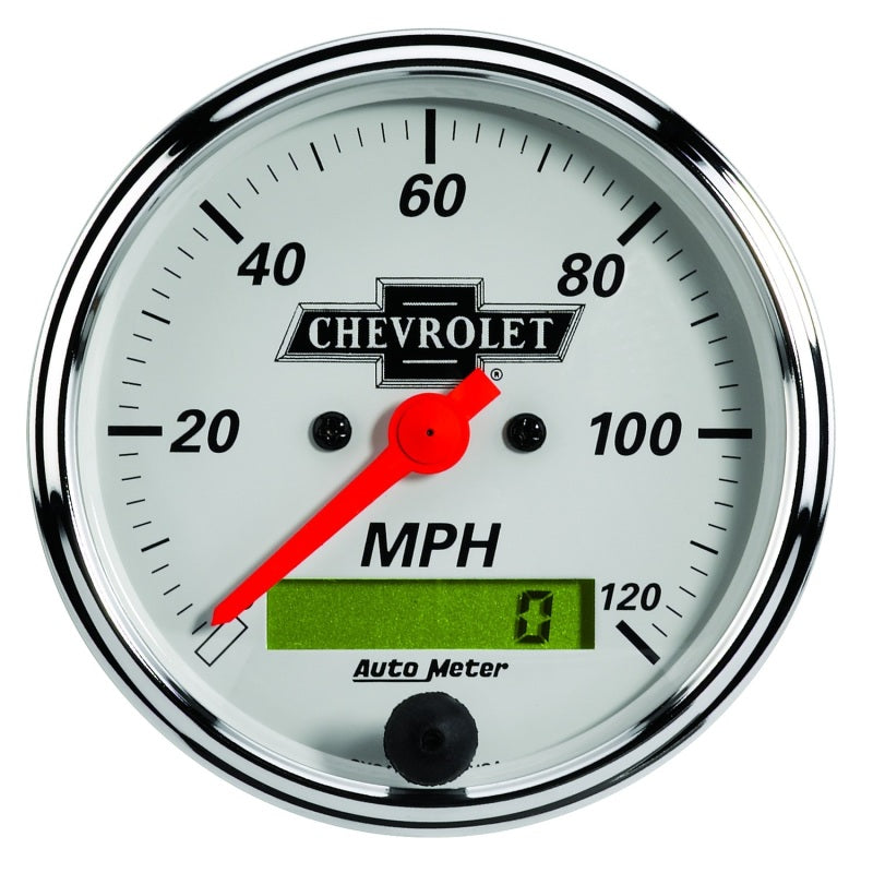 AutoMeter Gauge Speedo 3-1/8in. 120MPH Elec Prog W/ Lcd Odo Chevrolet Heritage Bowtie Gauges AutoMeter
