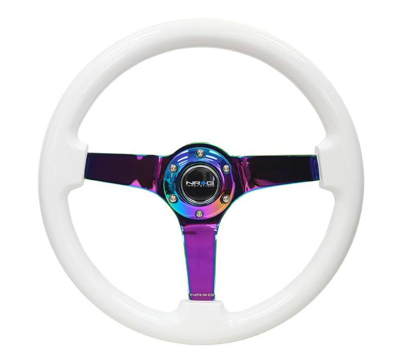 NRG Reinforced Steering Wheel (350mm / 3in. Deep) Classic White w/4mm Neochrome Solid 3-Spoke Steering Wheels NRG