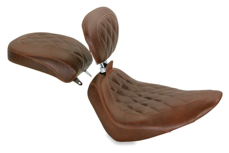 Mustang 84-06 Harley Standard Rear Tire Wide Tripper Solo Seat w/Driver Backrest - Distressed Brown Solo Motorcycle Seats Mustang Motorcycle