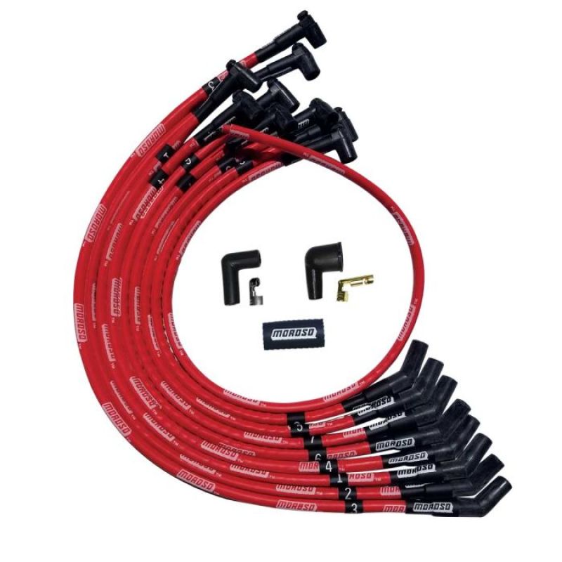 Moroso SBC Over Valve Cover 135 Deg Plug HEI Sleeved Ultra Spark Plug Wire Set - Red Spark Plug Wire Sets Moroso