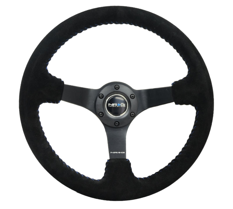 NRG Reinforced Steering Wheel (350mm / 3in. Deep) Blk Suede/Blue BBall Stitch w/5mm Matte Blk Spokes Steering Wheels NRG
