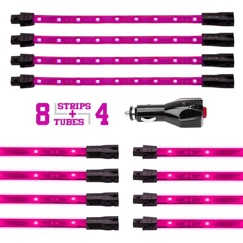 XK Glow Strip Single Color Underglow LED Accent Light Car/Truck Kit Pink - 8x24In Tube Car + 4x8In Light Accessories and Wiring XKGLOW