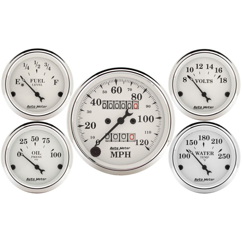 Auto Meter Speedometer 3-1/8in and 2-1/16in Mechanical 5-Piece Old Tyme White Gauge Kit Gauges AutoMeter