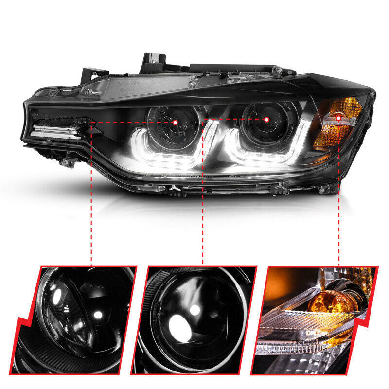 ANZO 2012-2015 BMW 3 Series Projector Headlights w/ U-Bar Black Headlights ANZO