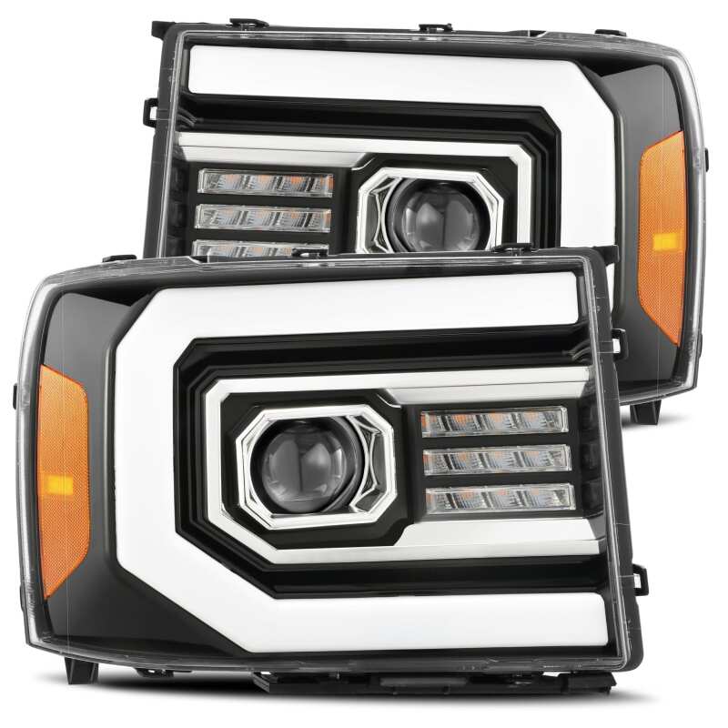 AlphaRex 07-13 GMC Sierra 1500 (No Clsc) LUXX-Series LED Proj HL Jet Blk w/Actv Lgt & Seq.Sig / DRL Headlights AlphaRex