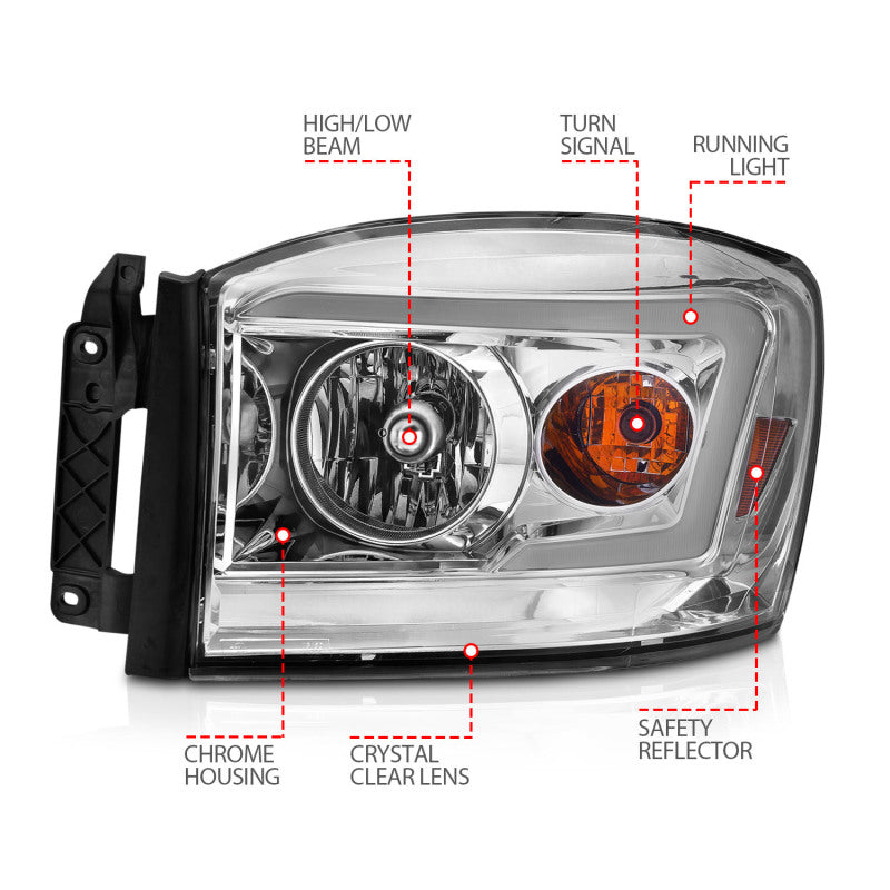 ANZO 06-09 Dodge RAM 1500/2500/3500 Headlights Chrome Housing/Clear Lens (w/Switchback Light Bars) Headlights ANZO