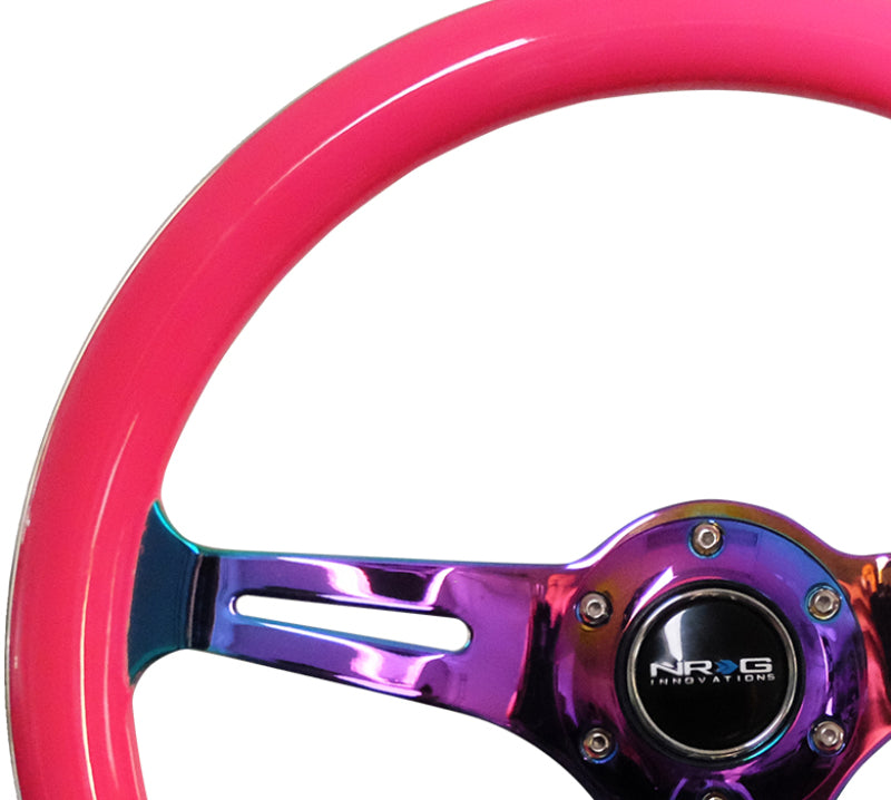 NRG Classic Wood Grain Steering Wheel (350mm) Neon Pink Painted Grip w/Neochrome 3-Spoke Center Steering Wheels NRG