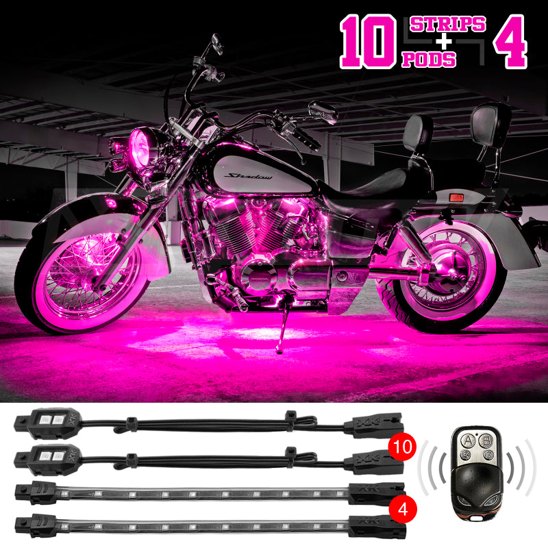 XK Glow Strips Single Color XKGLOW LED Accent Light Motorcycle Kit Pink - 10xPod + 4x8In Light Accessories and Wiring XKGLOW