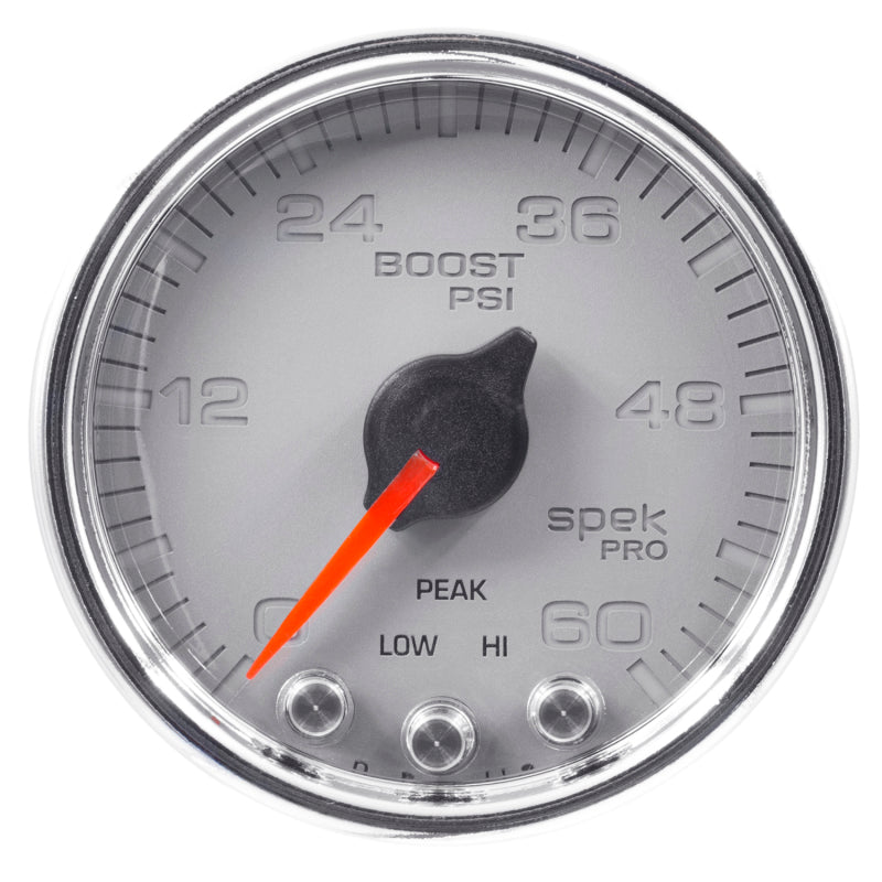 Autometer Spek-Pro Gauge Boost 2 1/16in 60psi Stepper Motor W/Peak & Warn Slvr/Chrm Gauges AutoMeter