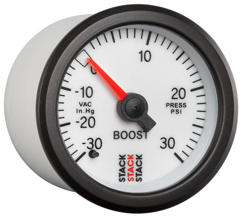 Autometer Stack 52mm -30INHG to +30 PSI (Incl T-Fitting) Mechanical Boost Pressure Gauge - White Gauges AutoMeter