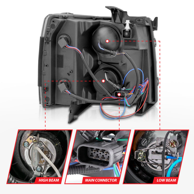 ANZO 2007-2013 Chevrolet Silverado 1500/2500 Projector Headlights w/ U-Bar Switchback Black w/ Amber Headlights ANZO