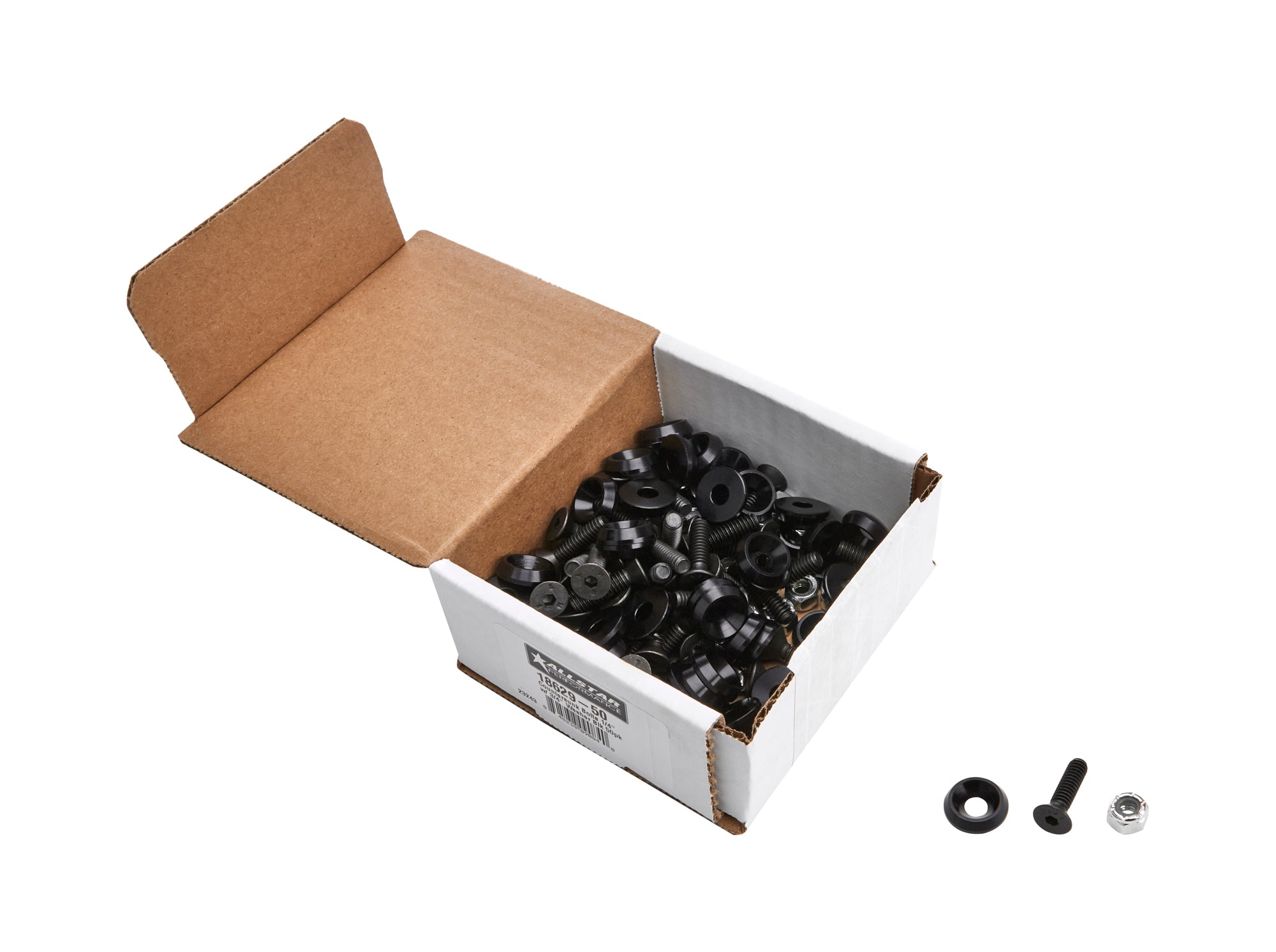 Countersunk Bolts 1/4in w/ 3/4in Washer Blk 50pk Body Fastener Kits Allstar Performance