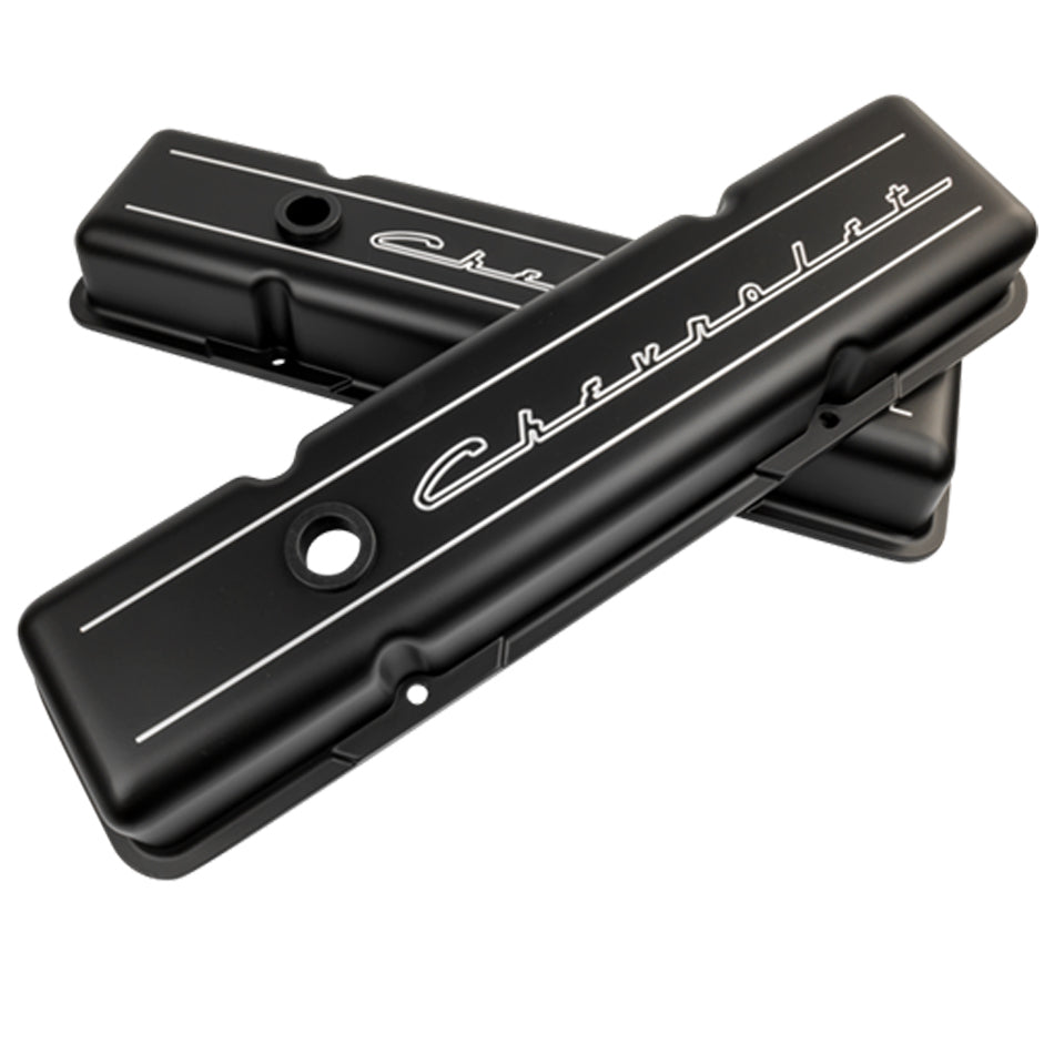 Valve Cover SBC Short Chevrolet Logo Black Valve Covers Billet Specialties