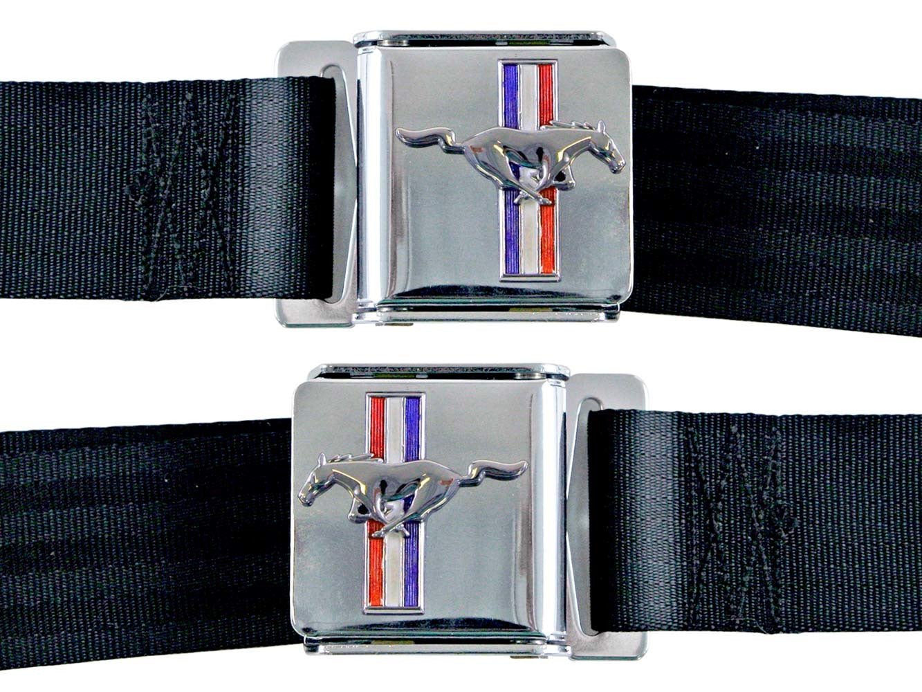 64-73 Mustang Seat Belts w/Mustang Emblem Seat Belts and Harnesses Scott Drake