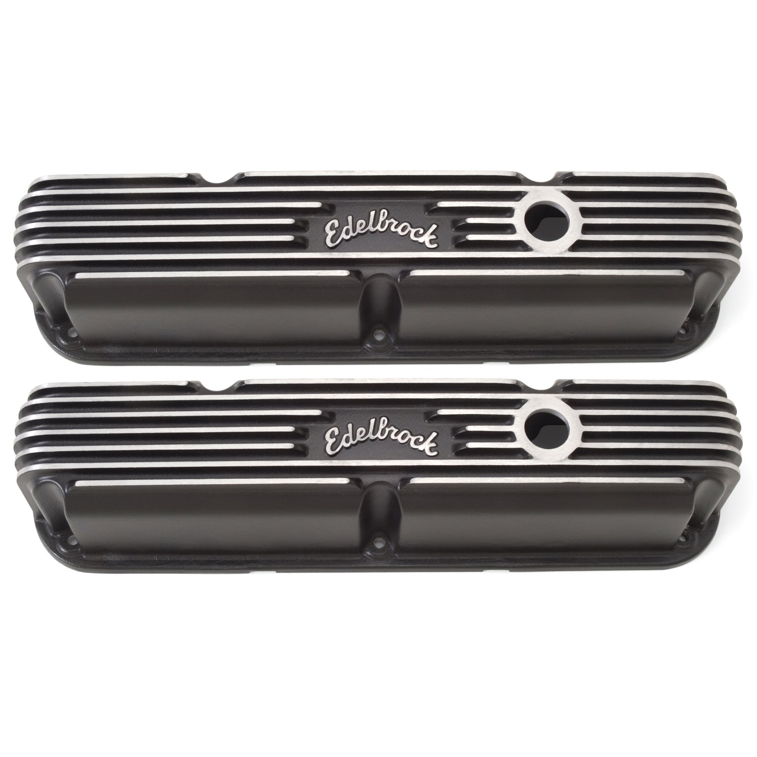 SBM Classic Finned V/C's - Black Valve Covers Edelbrock